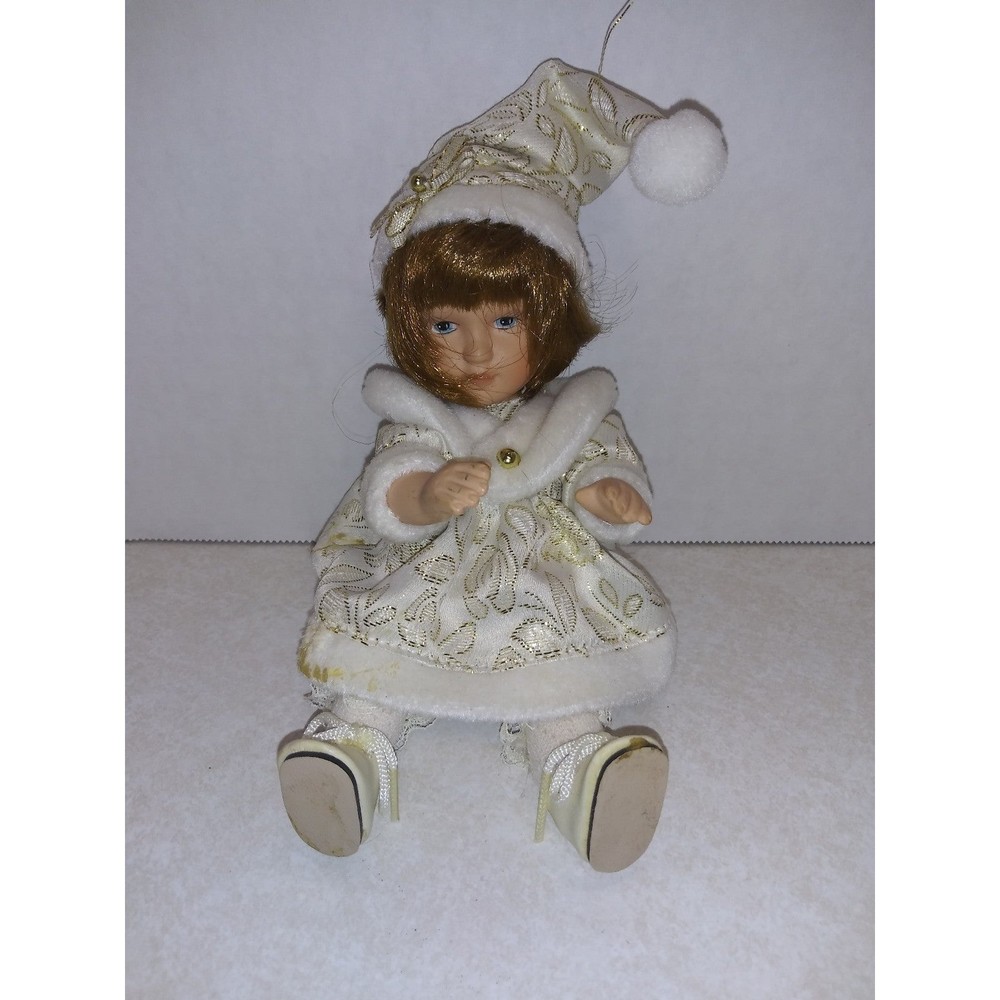 Vintage Mini Porcelain White Dress Doll With Christmas Hat 7"